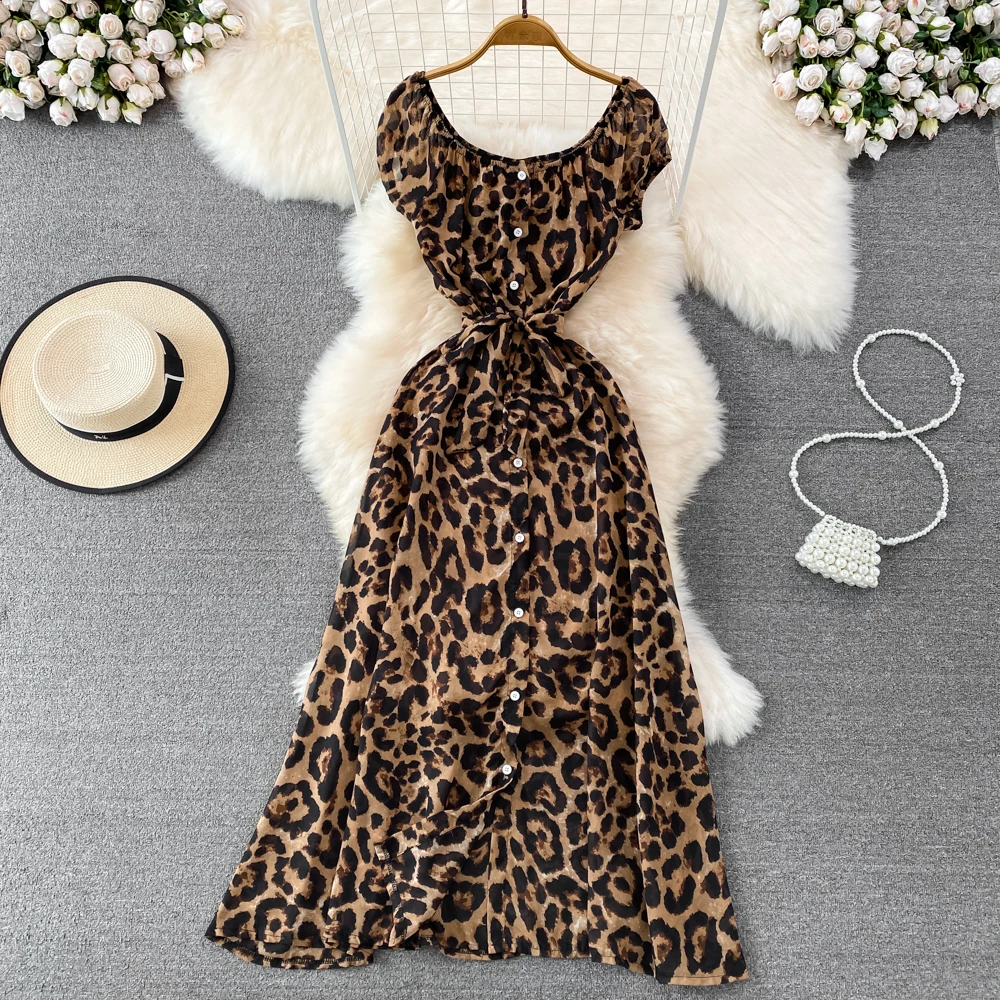 

Женское платье-трапеция средней длины, Элегантное однобортное платье с леопардовым принтом без бретелек в французском ретро-стиле