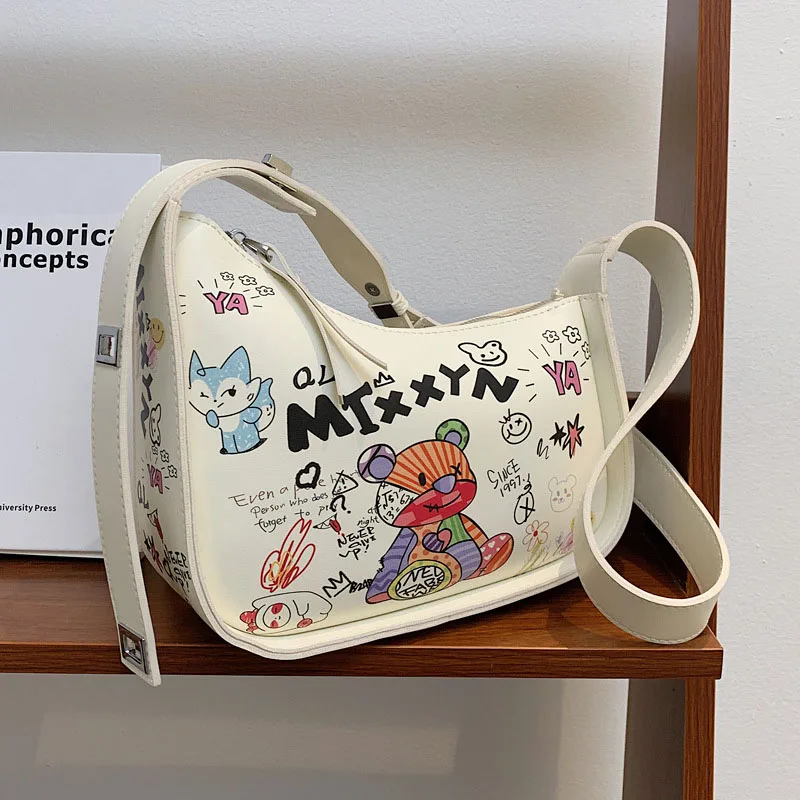 

Cartoon Graffiti PU Leather Armpit Shoulder Bags For Women 2021 Fashion New Women's Designer Crossbody Bag Luxury Brand Handbag