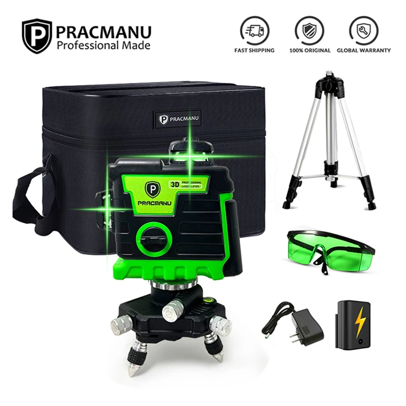 

Pracmanu Laser Level 12 Lines 3D Level Self-Leveling Horizontal and Vertical Cross Super Powerful Green Laser Beams