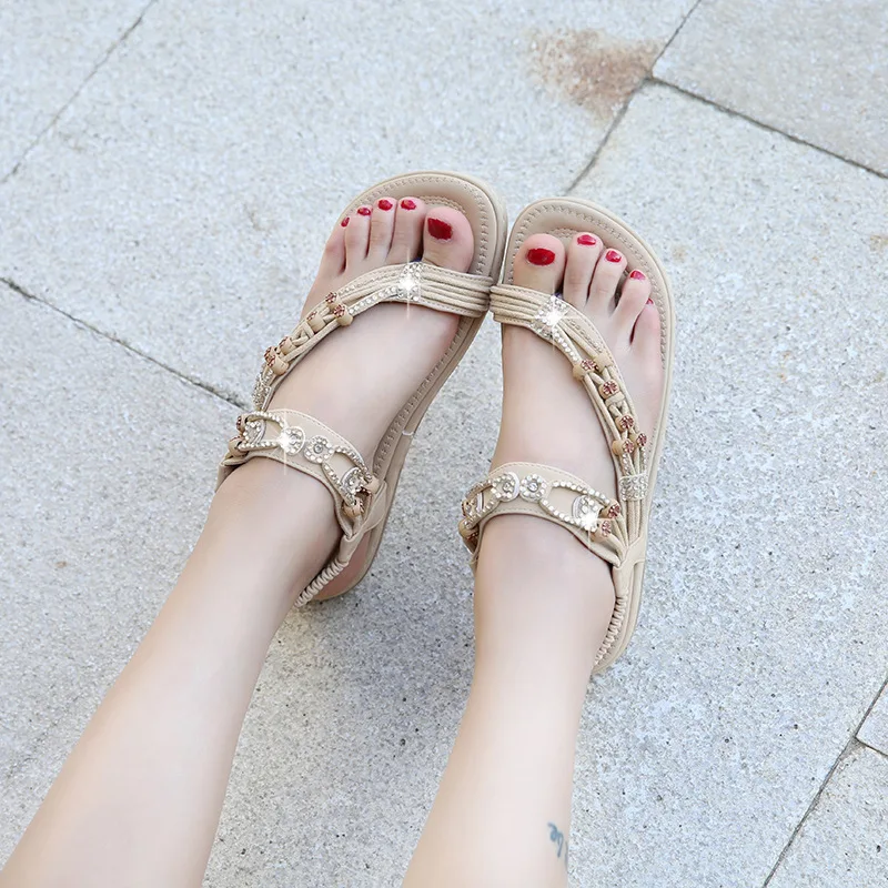 

Women's Shoes Bohemian Retro Rhinestone Beaded Sandals Round Toe Flat Sandals Elegant Luxury Women's Rome Sandals Retro Slippers