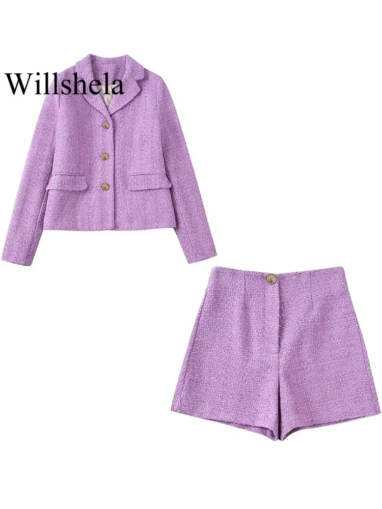 

Willshela Women Fashion 2 Piece Set Suits Solid Single Breasted Blazer & Vintage Front Zipper Shorts Female Office Blazer Suits