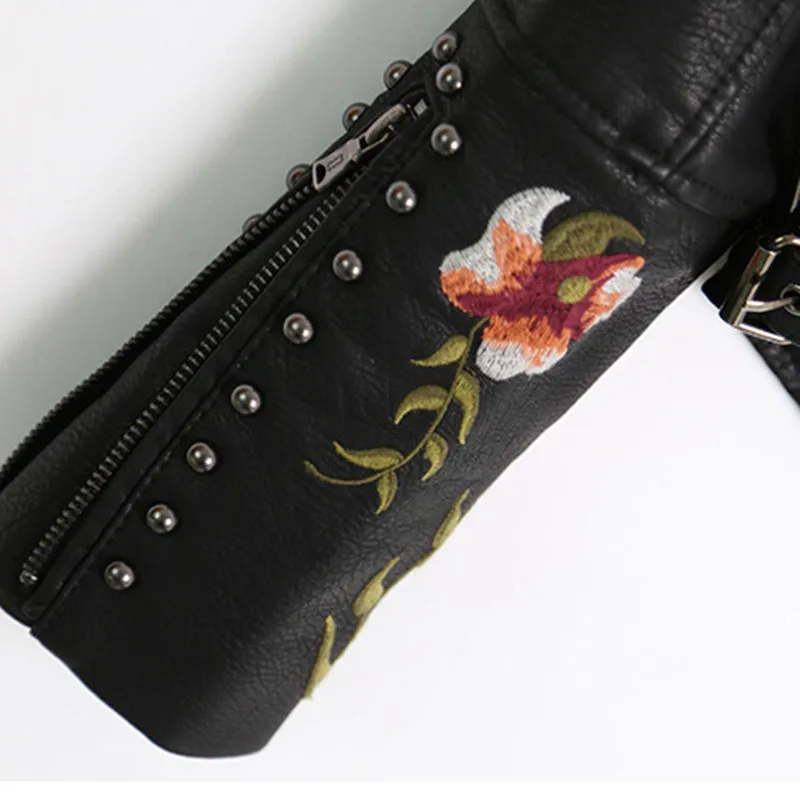Floral Embroidered Rivet PU Leather Jackets for Women's Faux Soft Leather Motorcycle Coat Black Punk Zipper Outwear Vintage Tops