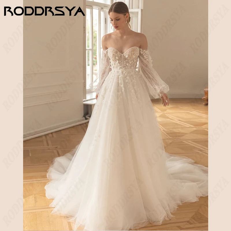 

RODDRSYA Boho Wedding Dress For Women Off Shoulder Lace Robe De Mariée Appliques A-Line Backless Bridal Gown Romantic Sweetheart