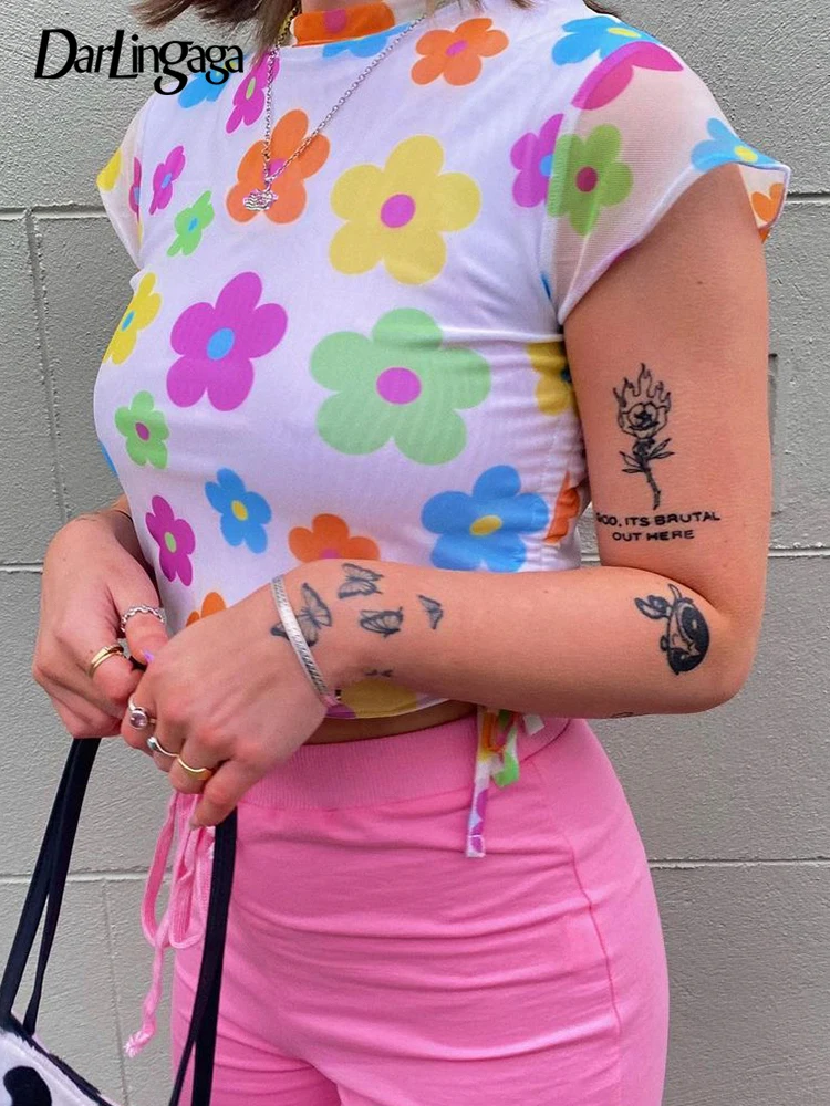 

Darlingaga Sweet Cute Colorful Floral Printed Mesh Top Short Sleeve T-shirt Harajuku 2000s Aesthetic Summer Tees Cropped Korean