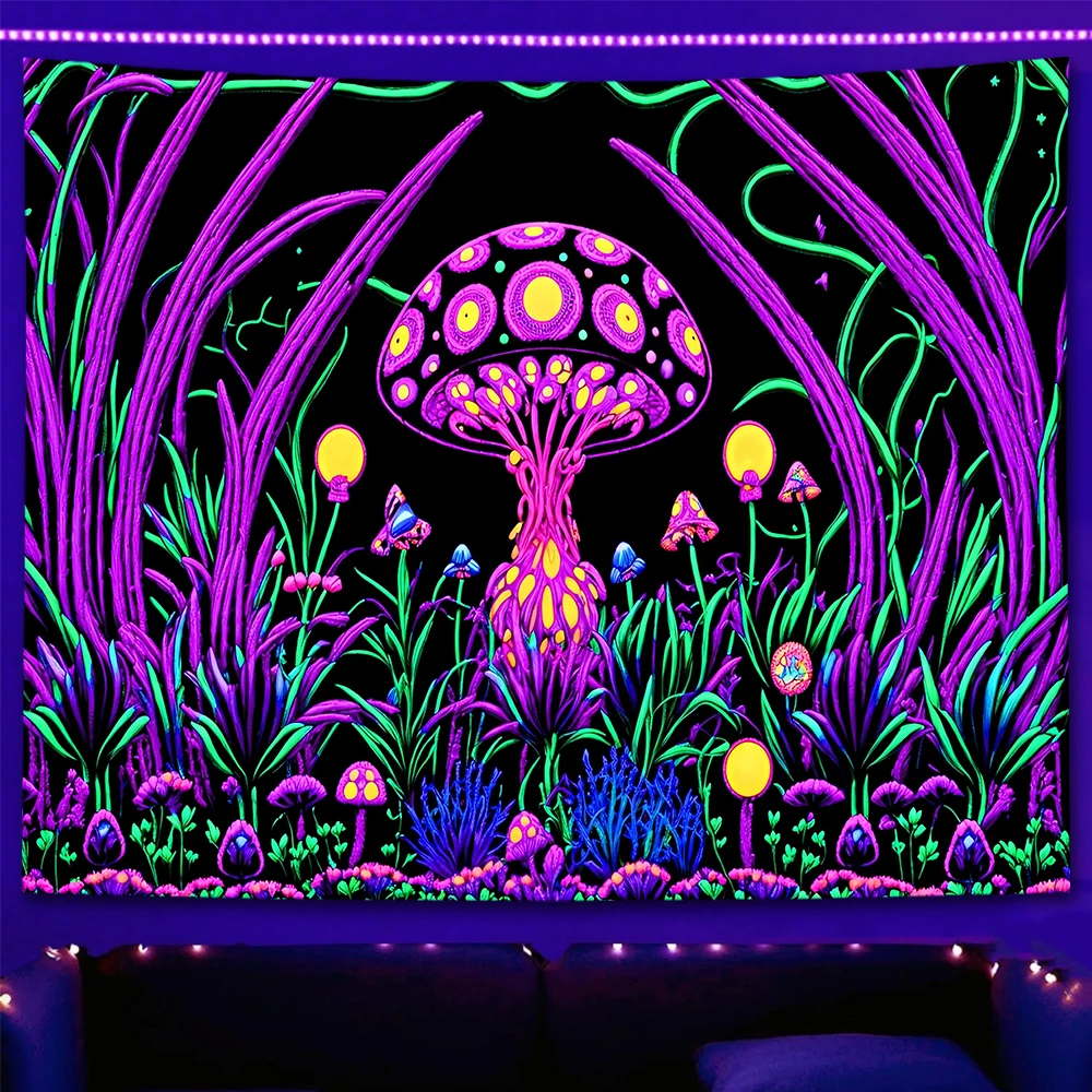 Лесной гриб черный свет гобелен УФ реактивная неоновая галактика джунгли