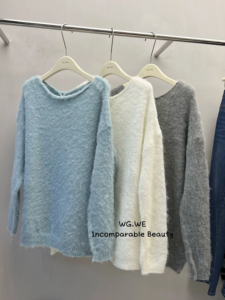 

Женский пуловер с открытыми плечами, однотонный винтажный Вязаный Свитер оверсайз с воротником-лодочкой, плюшевый пуловер средней длины, О...