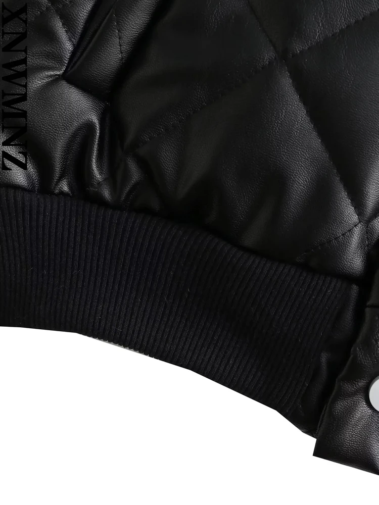 XNWMNZ 2022 Women Fashion Black PU Faux Leather Cotton Jacket Woman Casual Diamond Padded Jacket Female Slim Fit Warm Coat