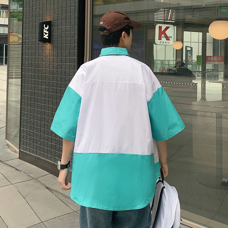 Oversized Half Sleeve Shirts for Mens Summer Fashion Trends Hawaiian Streetwear Tops Teenage Loose Fit Casual Patchwork Blouses