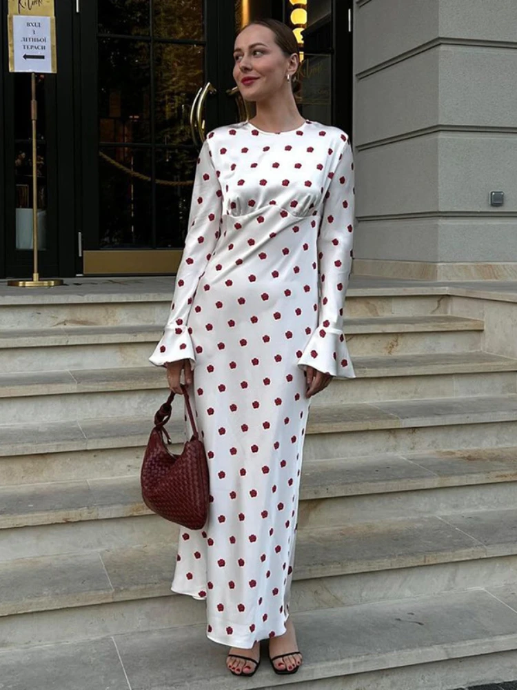 

Floral Printed Dresses for Women O Neck Long Flare Sleeves High Waist Fishtail Party Wear Chic Aesthetic Graceful Sweet Vestidos