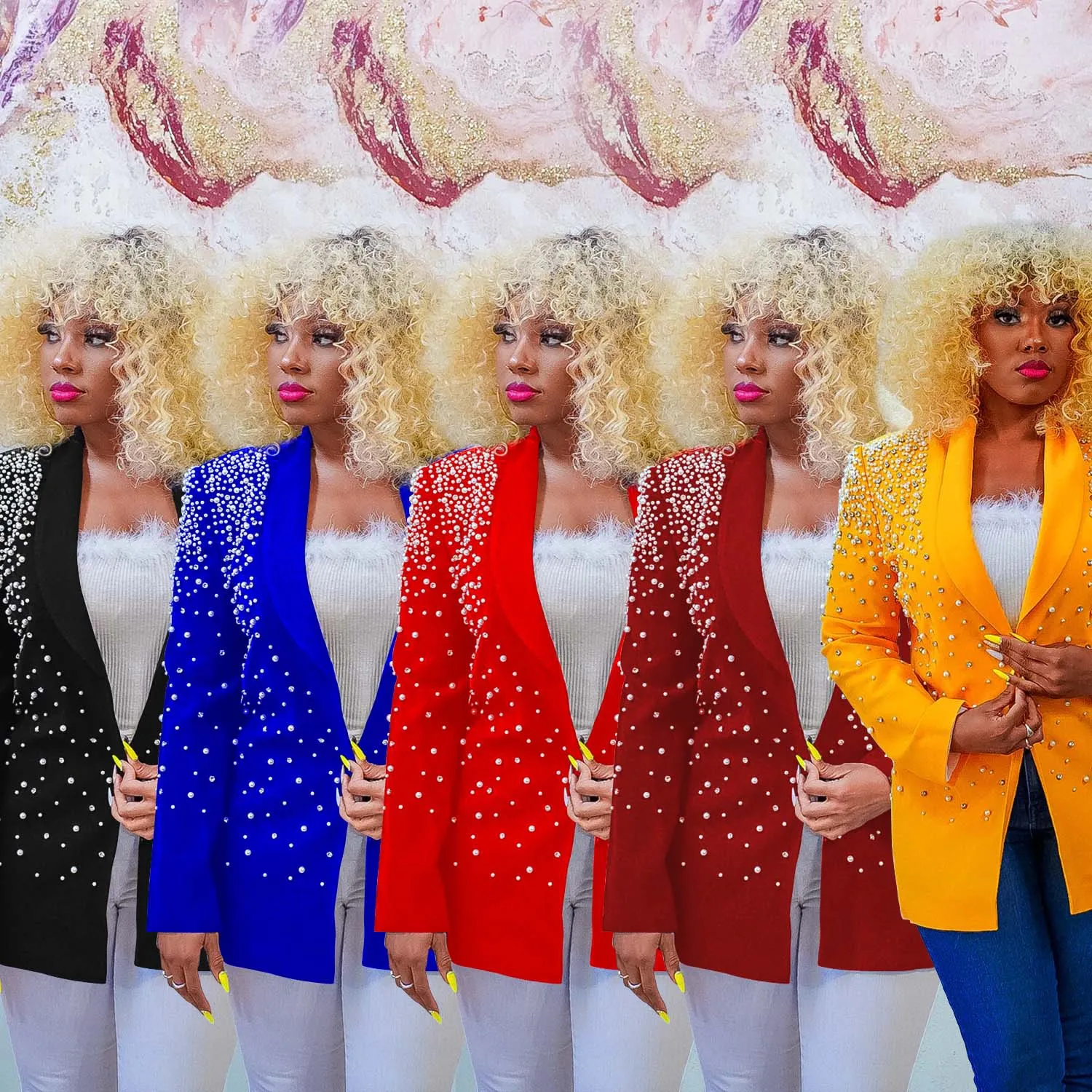 

2023 Spring Autumn Fashion Women's Solid Color Beaded Pearl Large Polo Collar Long Sleeve Suit Coat Jacket Elegant Temperament