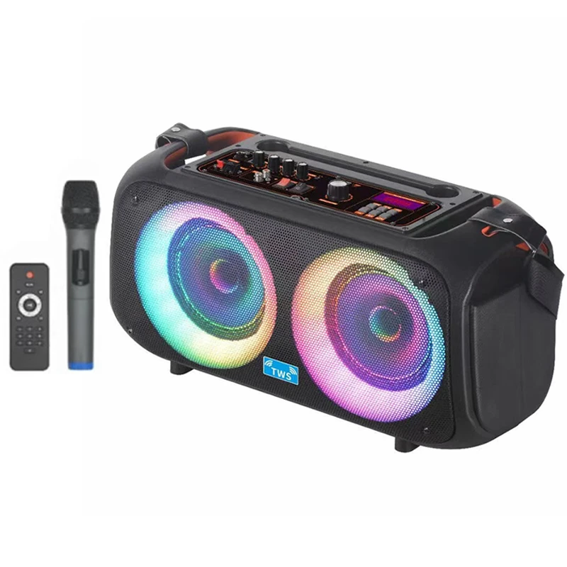 

Peak Power 700W Outdoor Trolley Audio 40W Dual 6.5inch Bluetooth Speaker Karaoke with EQ Colorful LED Light Ring with Mic Remote