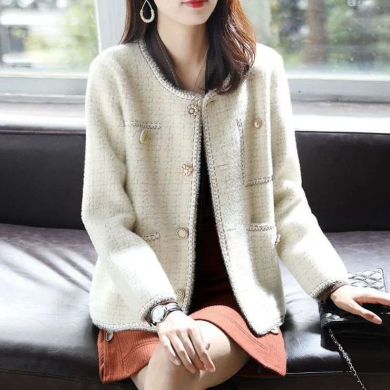 

Runway Autumn Korean Women's Clothes Luxury Chic Tweed Woolen Coat Retro O-Neck Long Sleeve Jacket Tops Outwear 2023 Female E127