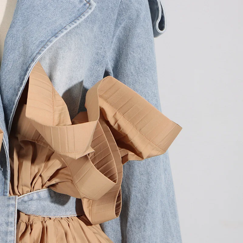 Женский джинсовый комбинезон с кружевом контрастный отложным воротником и