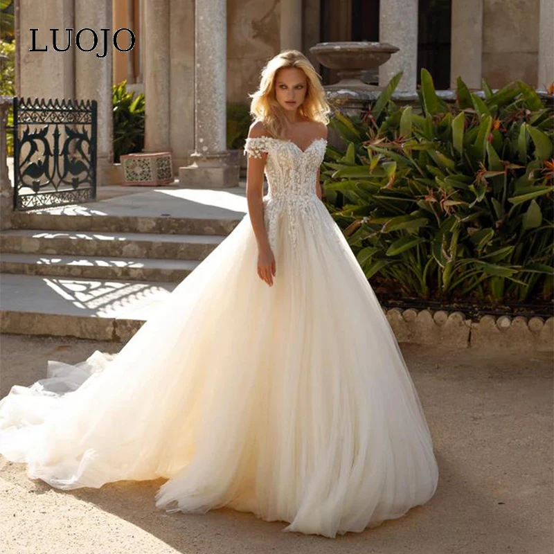 

LUOJO Off the Shoulder Wedding Dress Tulle Tea-length Buttons Appliques Bridal Gown Vestidos De Novia For 2022 Women Custom Made