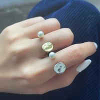 new vintage simple gold silver color pearl beads geometric round opening ring for women couple trendy fashion party jewelry gift