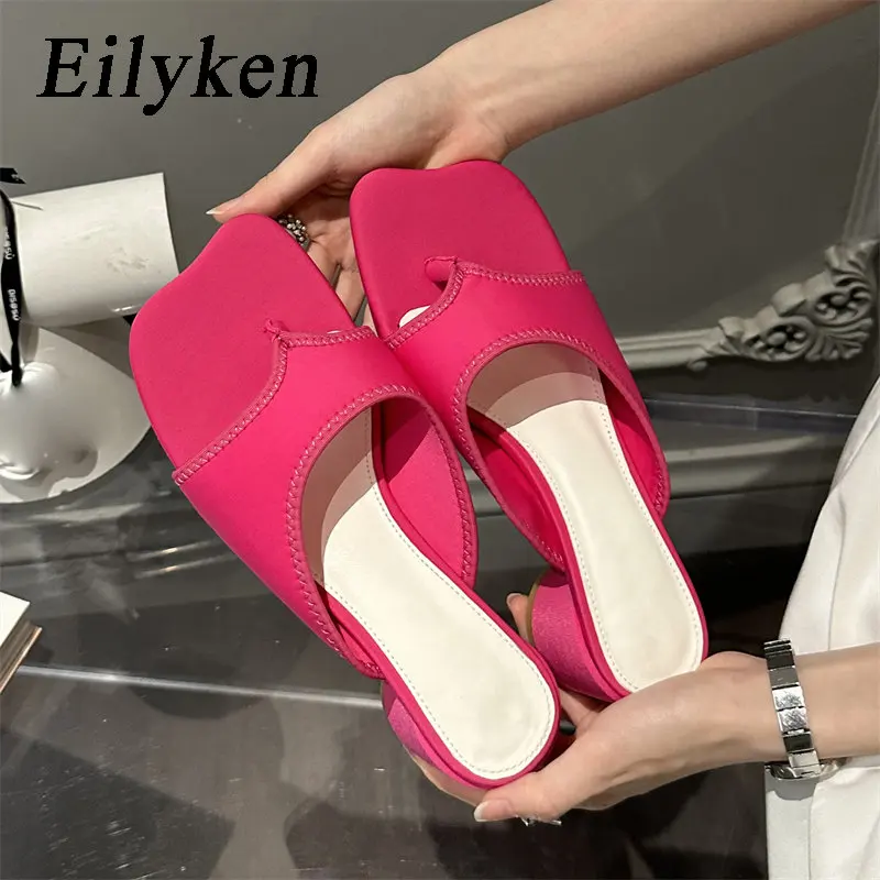 

Eilyken/Новинка 2023 года; Летние атласные женские шлепанцы с квадратным носком; Модные Повседневные Вечерние вьетнамки на низком каблуке; Женская обувь