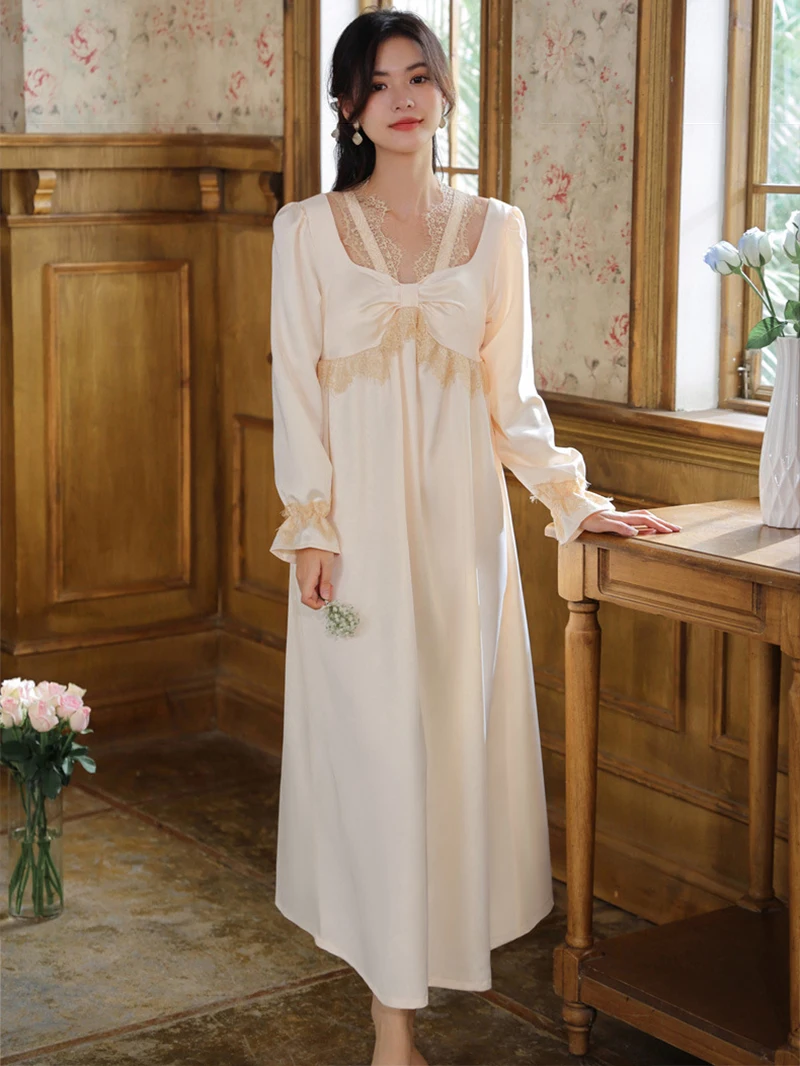 Long Sleeve Pajamas Women Female Spring Vintage Princess Lace V-Neck Ice Silk Nightdress with Chest Pads Home Clothes Sleepwear
