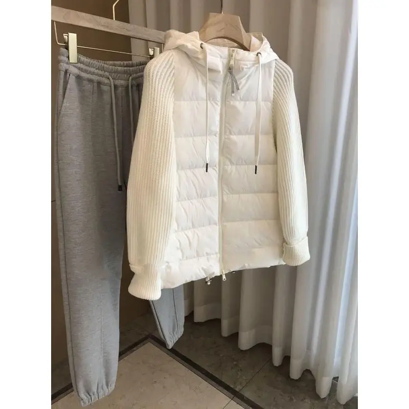 S-5XL High Quality Autumn and Winter Women's Knit Down Long Sleeve Coat Warm Hooded Drawstring Jacket
