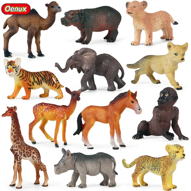 

Oenux Small African Wild Animals Simulation Lion Hippo Deer Action Figure Figurines Cake Toppers Miniature Model Education Toys