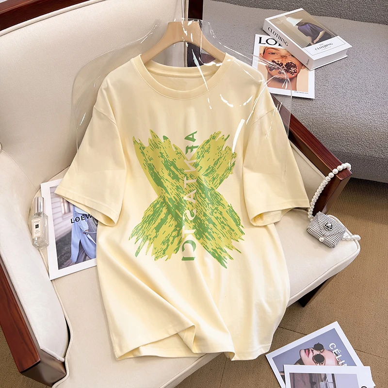 

Line Letter Printing Women's Short-sleeved Loose T-shirt Summer New Simple Casual Thin Round Neck Pullover Black Top Female