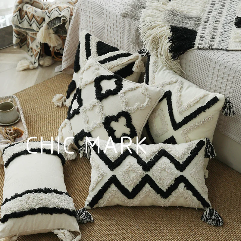 

Boho Cushion Cover Black White Geometric Tufted Embroidery Cushions Covers Tassel Ins Home Decorative Cover for Living Room