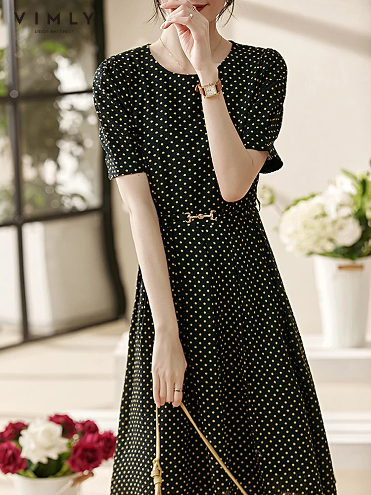 

VIMLY French Dot Summer Dress for Women 2022 Oneck Puff Sleeve Thin Waist Short Sleeve Dress Fashion Vintage Midi Vestidos V3259