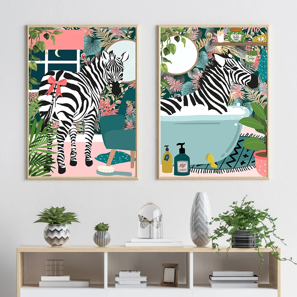 

Pampered Zebra in Bathtub Botanical Print Poster Jungle Animal Wall Art Canvas Painitng Tropical Bathroom Safari Decor Pictures