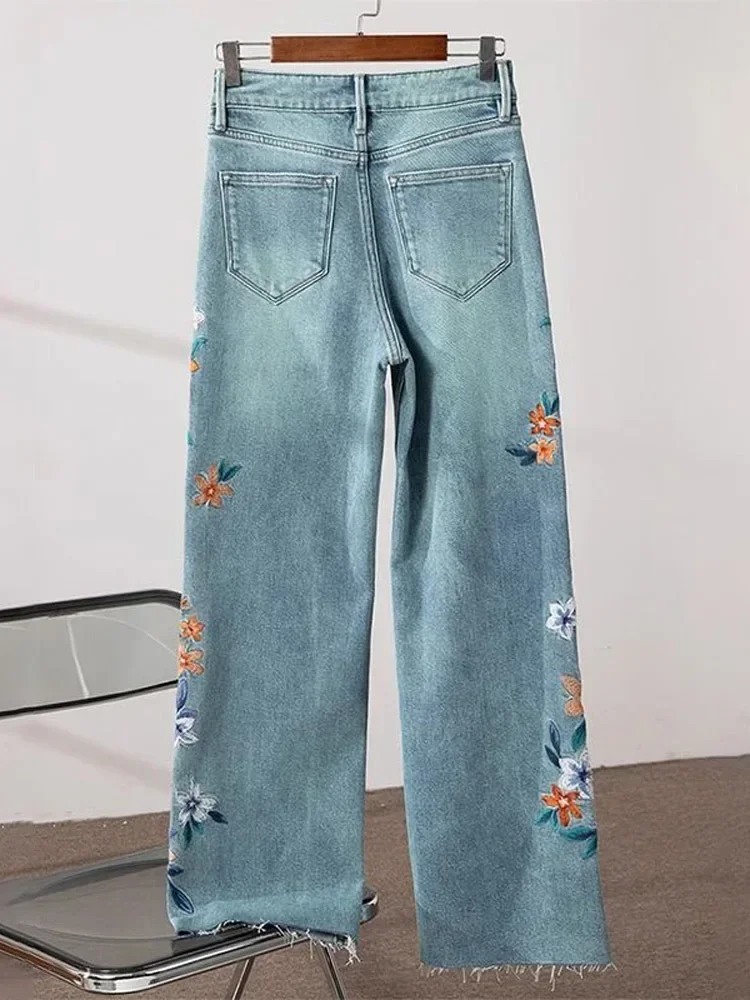 Женские узкие джинсы с вышивкой универсальные прямые широкие брюки в