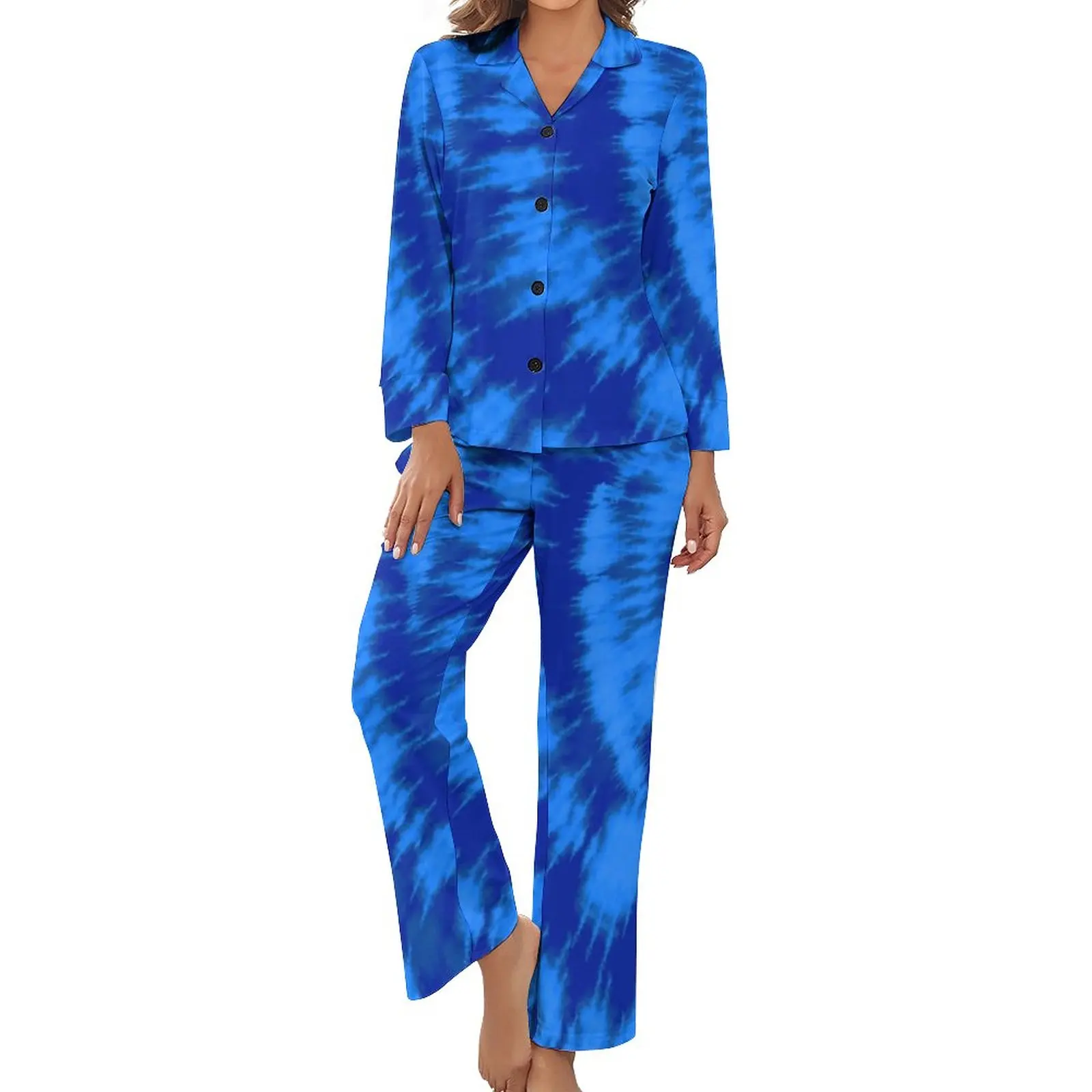 

Blue Swirl Tie Dye Pajamas Midnight Blue And Aqua Vintage Casual V Neck Home Suit 2 Pieces Print Long-Sleeve Trendy Pajama Set