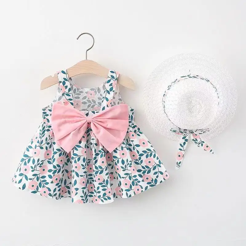 Girls Cami Dress Toddler Summer Kid Children Bow Knot Floral Free Hat Sundress Skirts Two Piece Set