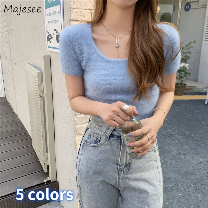 Short Sleeve Pullovers Women Sexy Solid Fashion Popular Hot Sale Korean Style Casual Soft Slim Tender Spring Streetwear Cropped