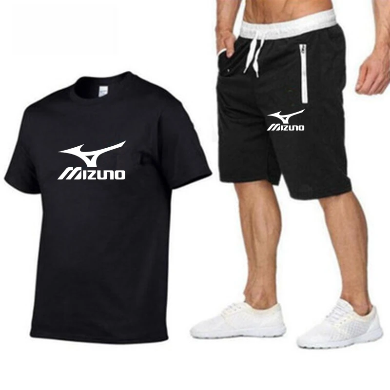 MIZUNO Men T-shirt Set Summer Latest Sportswear Suit Polyester Printed T-shirt + shorts Quick dry Run Men's Suit 2-piece Set