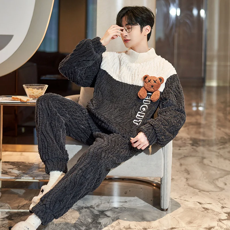QUHENG 2022 Flannel Men's Pajama Pants Set Autumn Winter New Thick Warm Sleepwear for Couples Casual Loose Home Costumes Set