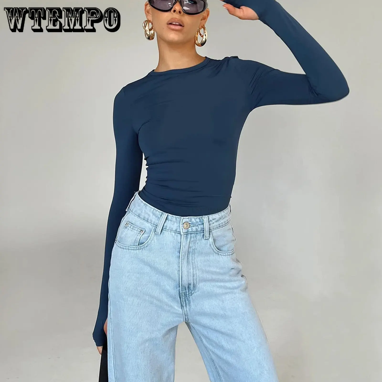

WTEMPO Women Long Sleeve T-Shirt Y2K Streetwear Tops Slim Fit Casual Spring Autumn Pullovers Cropped Bottoming Shirt Skinny Top