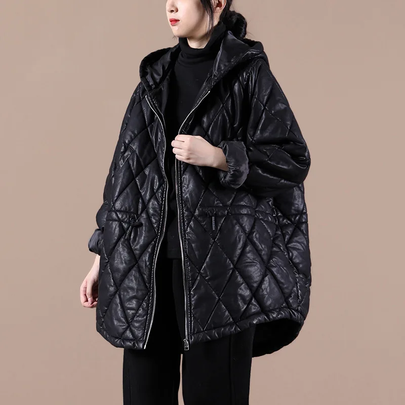 Winter clothes 2022 new women's Korean  loose large size waist drawstring hooded thickened cotton leather PU jacket