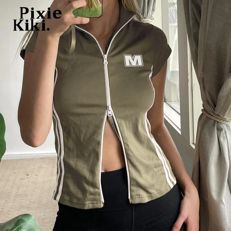 

PixieKiki Girl Aesthetic Y2k Zipper Short Sleeve Top Green Sporty Fashion Womans Tee Shirts Streetwear Cardigan P67-DZ16