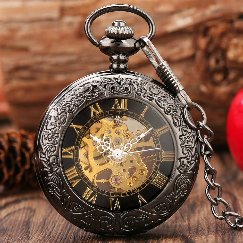 Black Carved Pattern Transparent Glass Manual Mechanical Pocket Watch Gold/Rose Gold Roman Numeral Dial Hand-Wind Pocket Clock