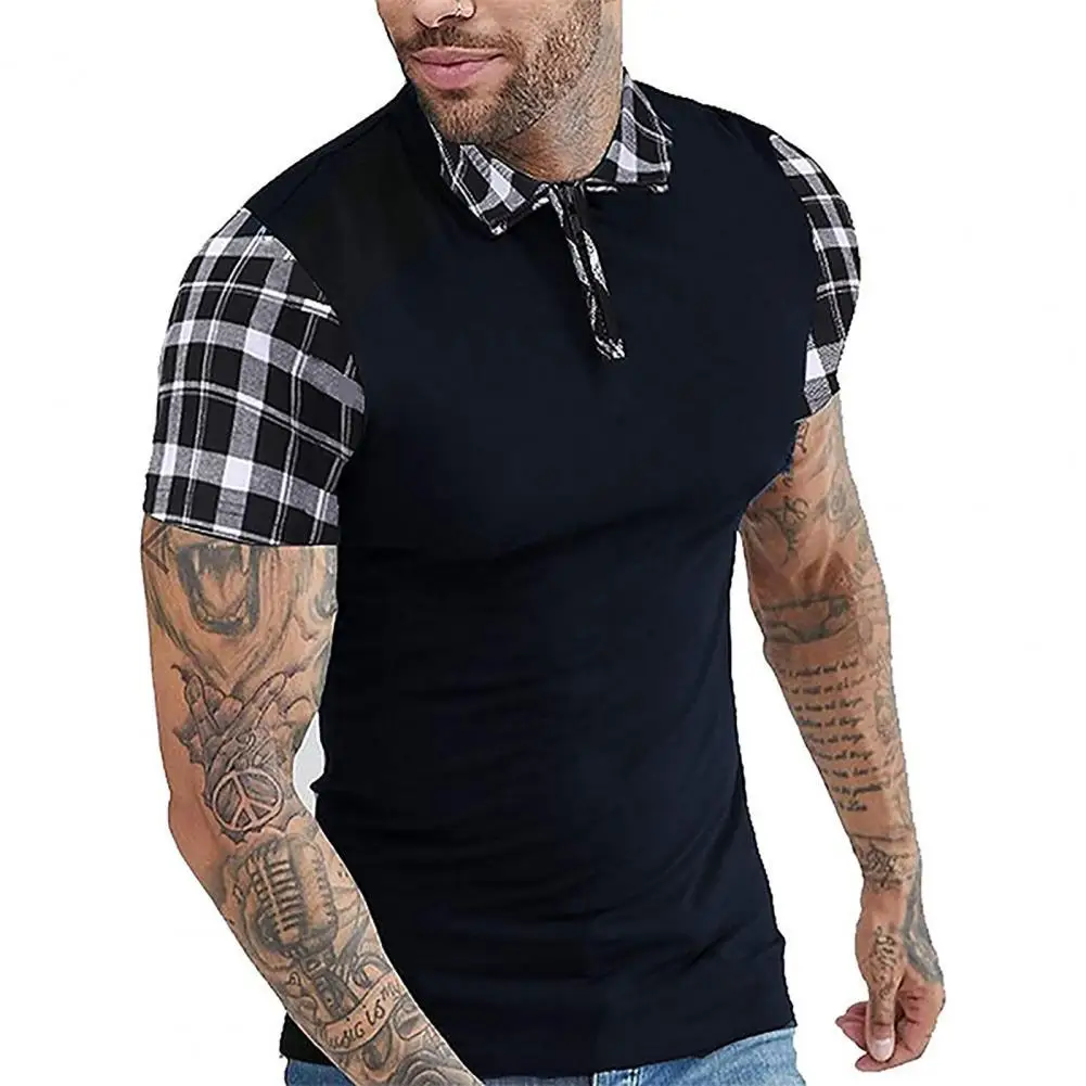 

Breathable Men Polo T-Shirts Short Sleeve Turn-down Collar T Shirts Summer Top Plaid Stitching Men T-shirt Zipper