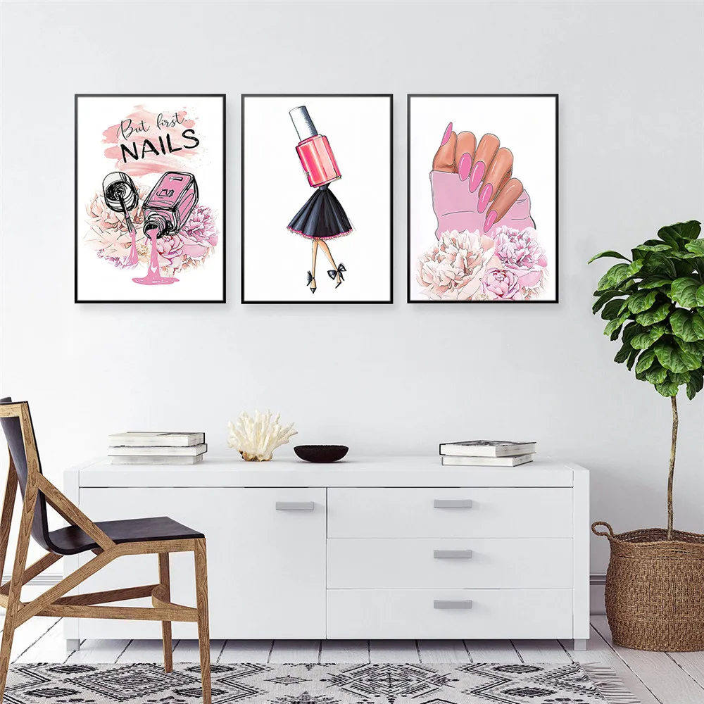 Розовый лак для ногтей холст настенное искусство аниме плакат милый дизайн