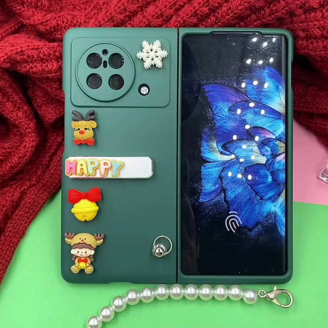 Case For Vivo X Fold Christmas Elk Girl Snow Stand Pearl Bracelet Forest Green Hard Mobile Phone Case Cover