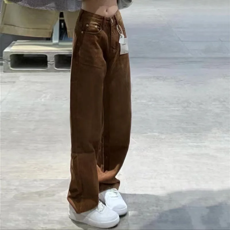 

Y2K Women Vintage Streetwear Brown Baggy Cargo Jeans High Waiste Straight Wide Leg Pants Denim Trousers Fairy Grunge Alt Clothes