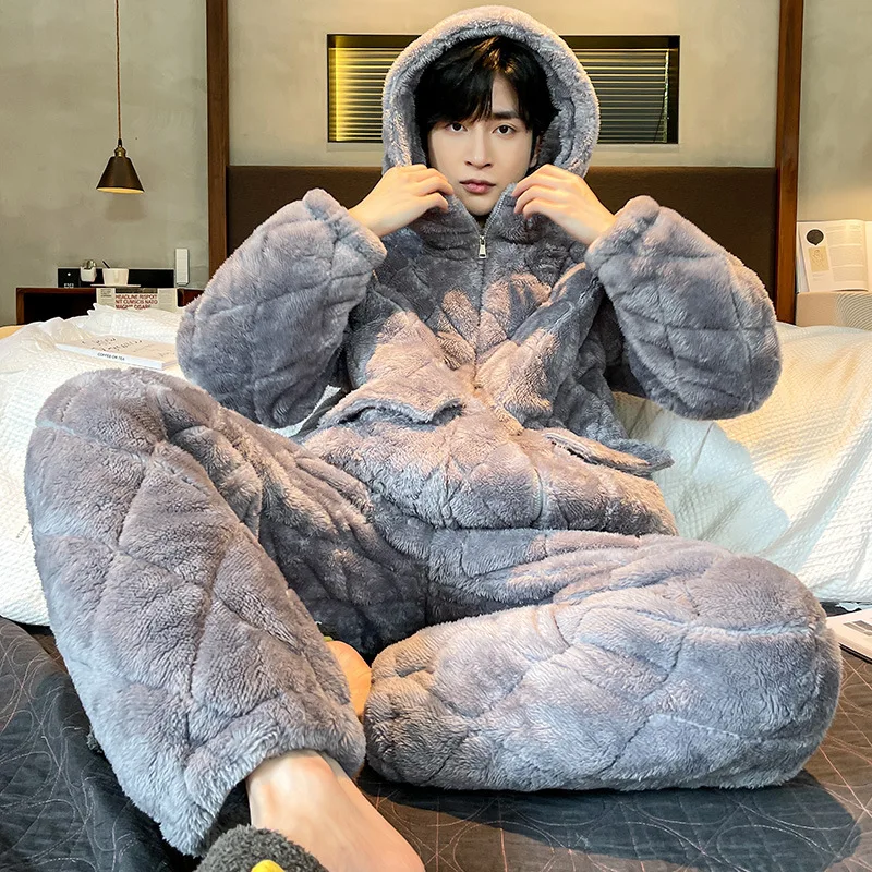 Pajamas Men's Winter Three-layer Thickened Coral Fleece Quilted Warm Extra-thick Men's Winter Home Clothes High-quality Pajamas