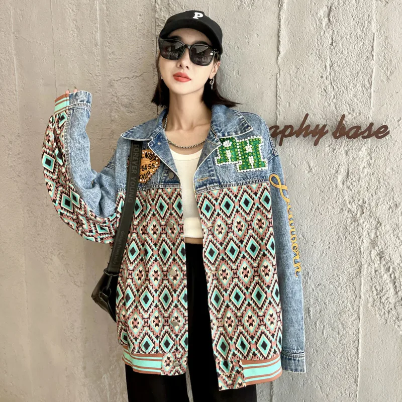 

Denim Jacket Women 2022 Autumn New Embroidery Nail Bead Splicing Diamond Pattern Design Trendy Brand Street Fashion Cowboy Coat