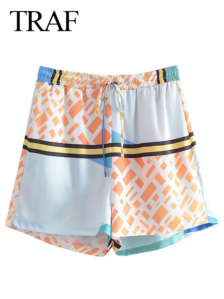 

TRAF Summer Asymmetrical Printed Shorts Drawstring Loose Casual Beach Elastic High Waist Holiday Seaside Fashion Women Clothing
