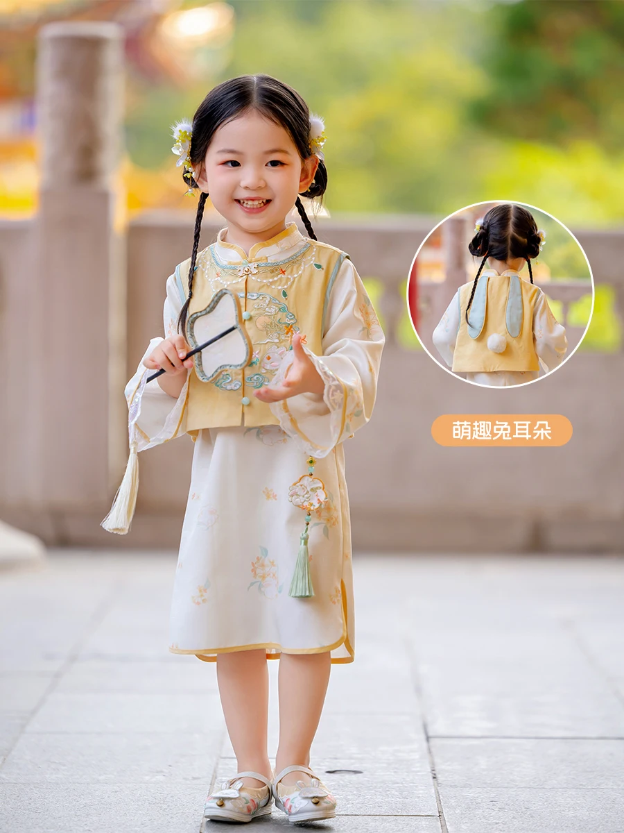 Осень 2024 жилет для маленьких девочек Hanfu Ципао Нефритовый кролик одежда в