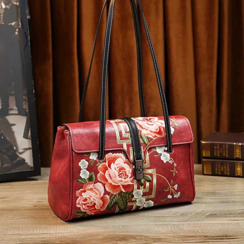 

100% Genuine Leather Embroidery Large Capacity Cheongsam Bag 2023 New Fanshion Women's Shoulder Bag Purse and Handbags