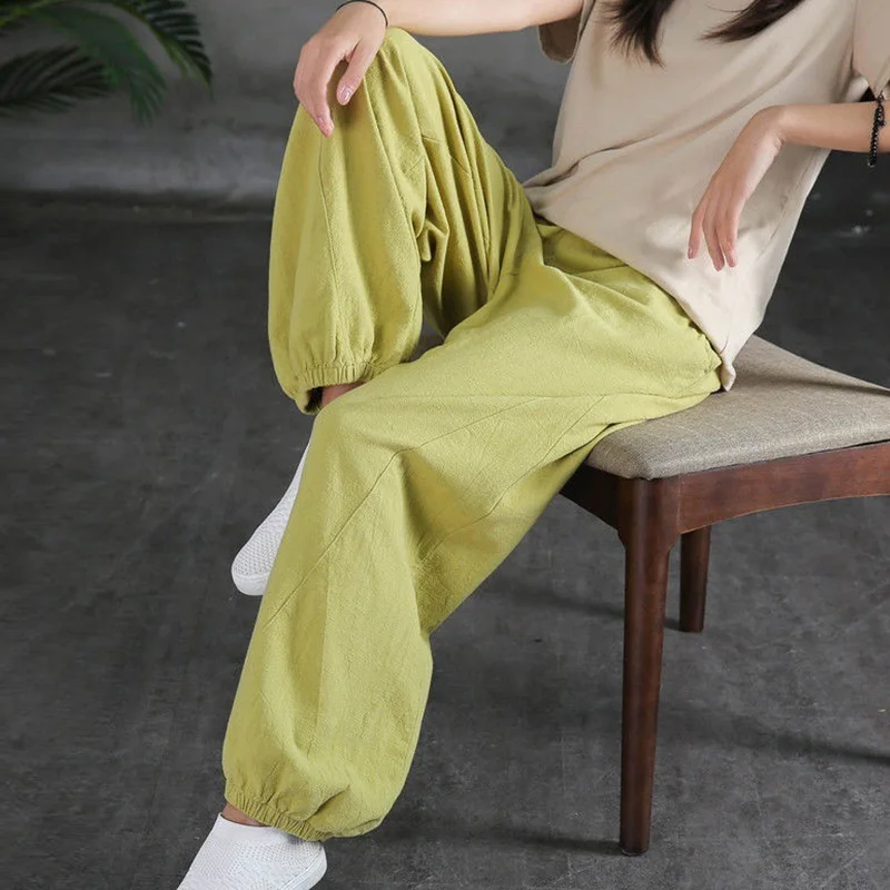 Women Loose Lantern Pants Cotton Linen Pants Elastic Waist Trousers Chinese Style Soft Spring Casual