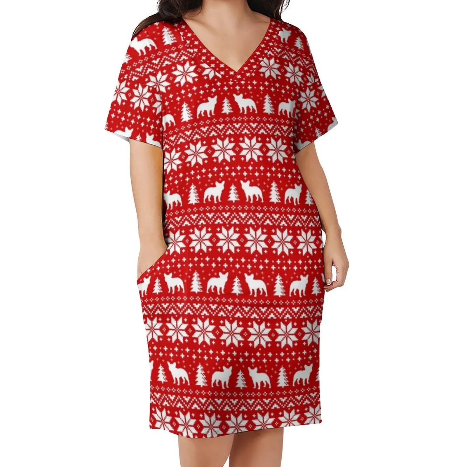 

Festive Christmas Casual Dress Women Cute Dog Print Vintage Dresses Summer V Neck Street Wear Design Dress Plus Size