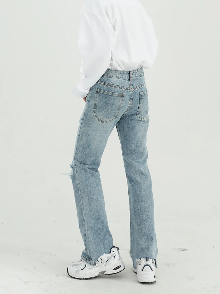 Four Seasons Men's Workwear Jeans Korean Version Straight Hole Micro-Flare Loose Men's and Women Fashion Streetwear Ins Hot Sale