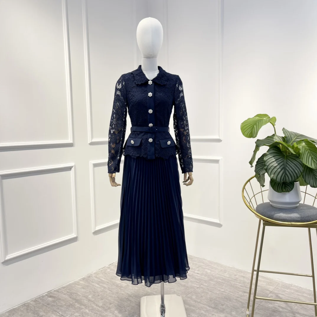 

New Arrival Latest 2022 Autumn Collection Dark Blue Ivory Long Sleeve Hollow Out Lace Patchwork Pleat Chiffon Midi Dress